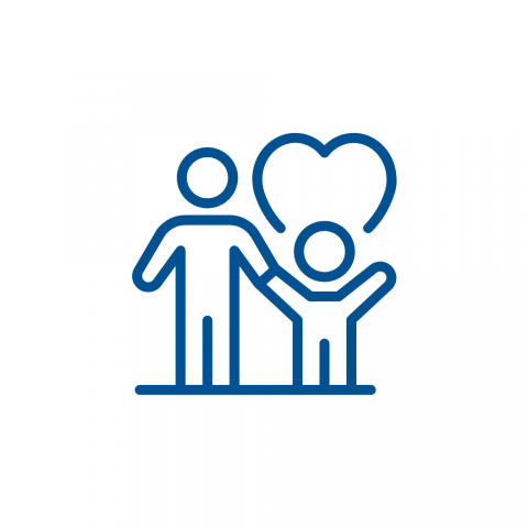 dark blue icon of an adult holding a child's hand with a heart above