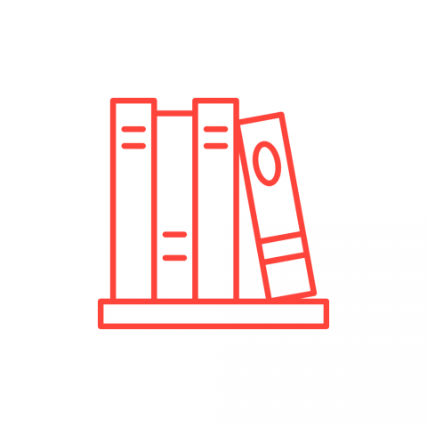red icon of books on a bookshelf